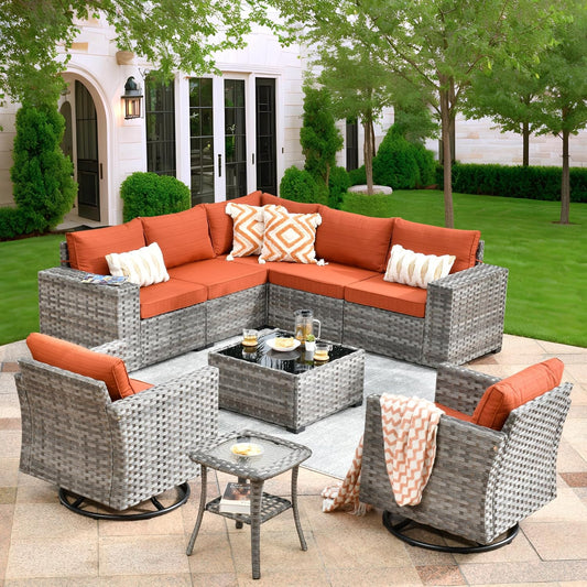 ovios 9 Pieces Patio Furniture Set, Outdoor Wicker Sectional Sofa with 2 Swivel Chairs Coffee Table, Modern Modular Deep Seat Rattan Couch Conversation Sets, Orange Red