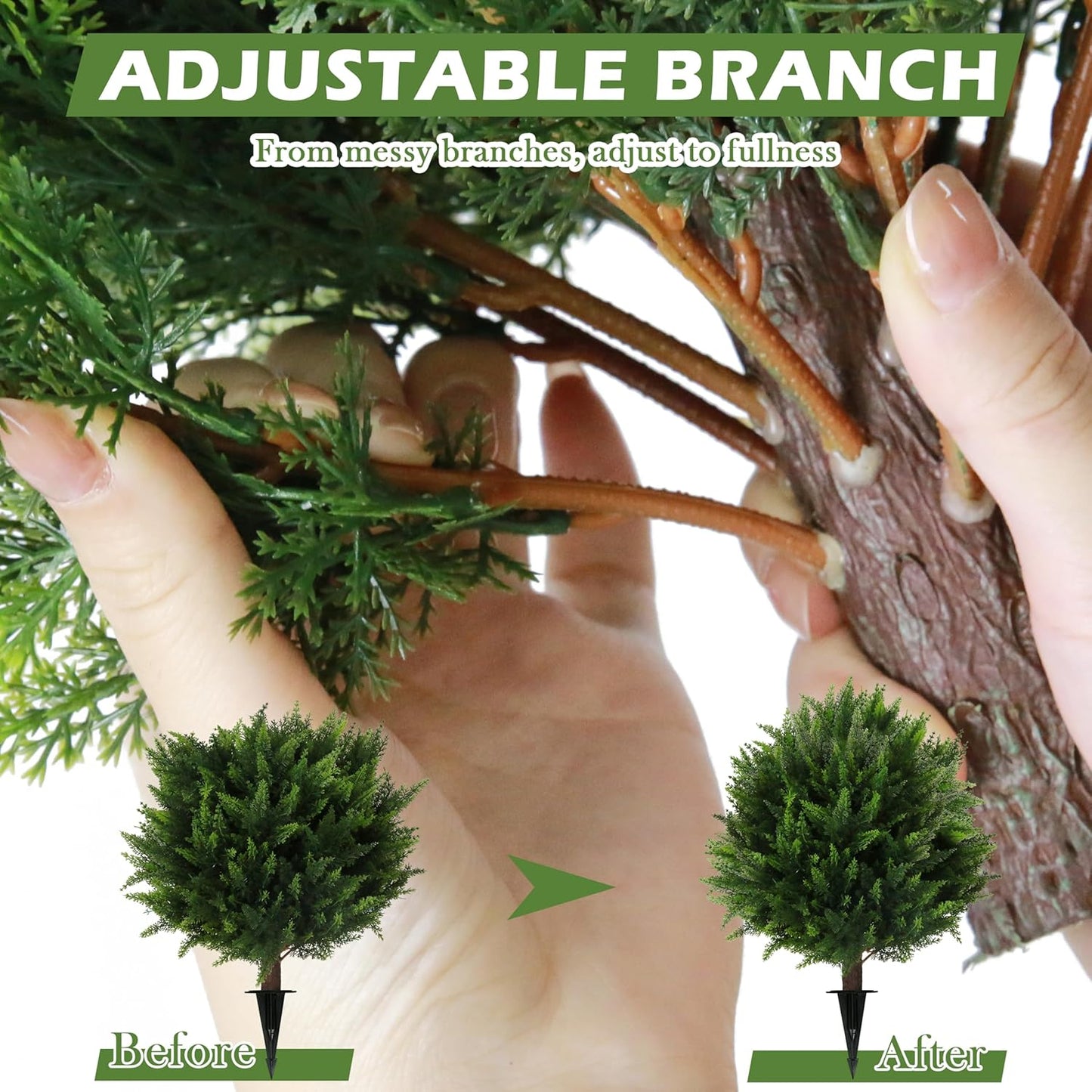 Sunnyglade Set of 2 Artificial Cedar Topiary Ball Trees, Faux Cedar Shrub Bushes with Ground Spike 25.5", UV Resistant Fake Cedar Plants for Indoor, Garden, Yard, Porch, Patio Decor (Green)