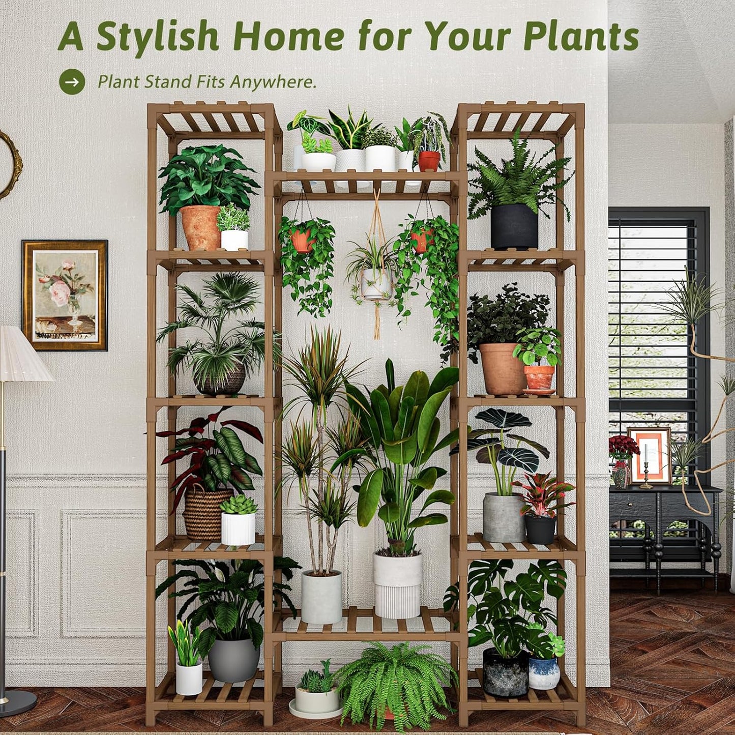 Plant Stand Indoor Outdoor 62.2“ Tall Plant Shelf Large Tiered Flower Stands for Multiple Display Wood Hanging Planter Holder for Living Room Garden Balcony Patio Decor