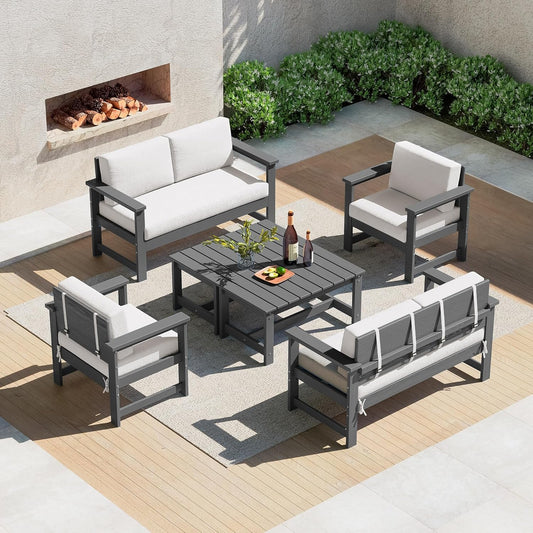 SERWALL 6 Pieces HDPE Outdoor Sofa Set with Cushions, Outdoor Conversation Couch Loveseat Furniture Set with Coffee Table for Balcony, Deck, Poolside, Grey Frame with Khaki Cushions