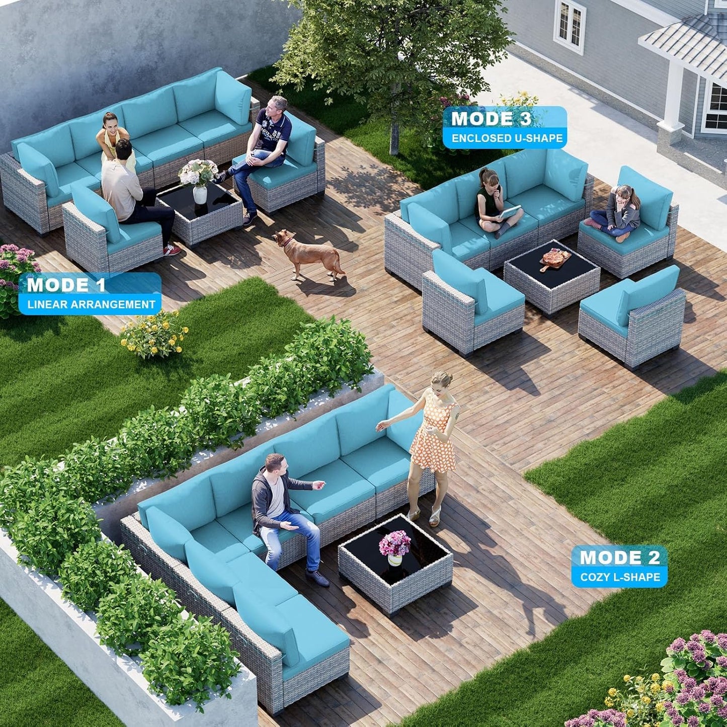 7-Piece Patio Furniture Set, Outdoor Sectional with Thick Cushions, Modular Patio Sofa, Dual-Strand Wicker Rattan, Rust-Resistant Frame, Backyard Furniture for Garden, Deck, Blue