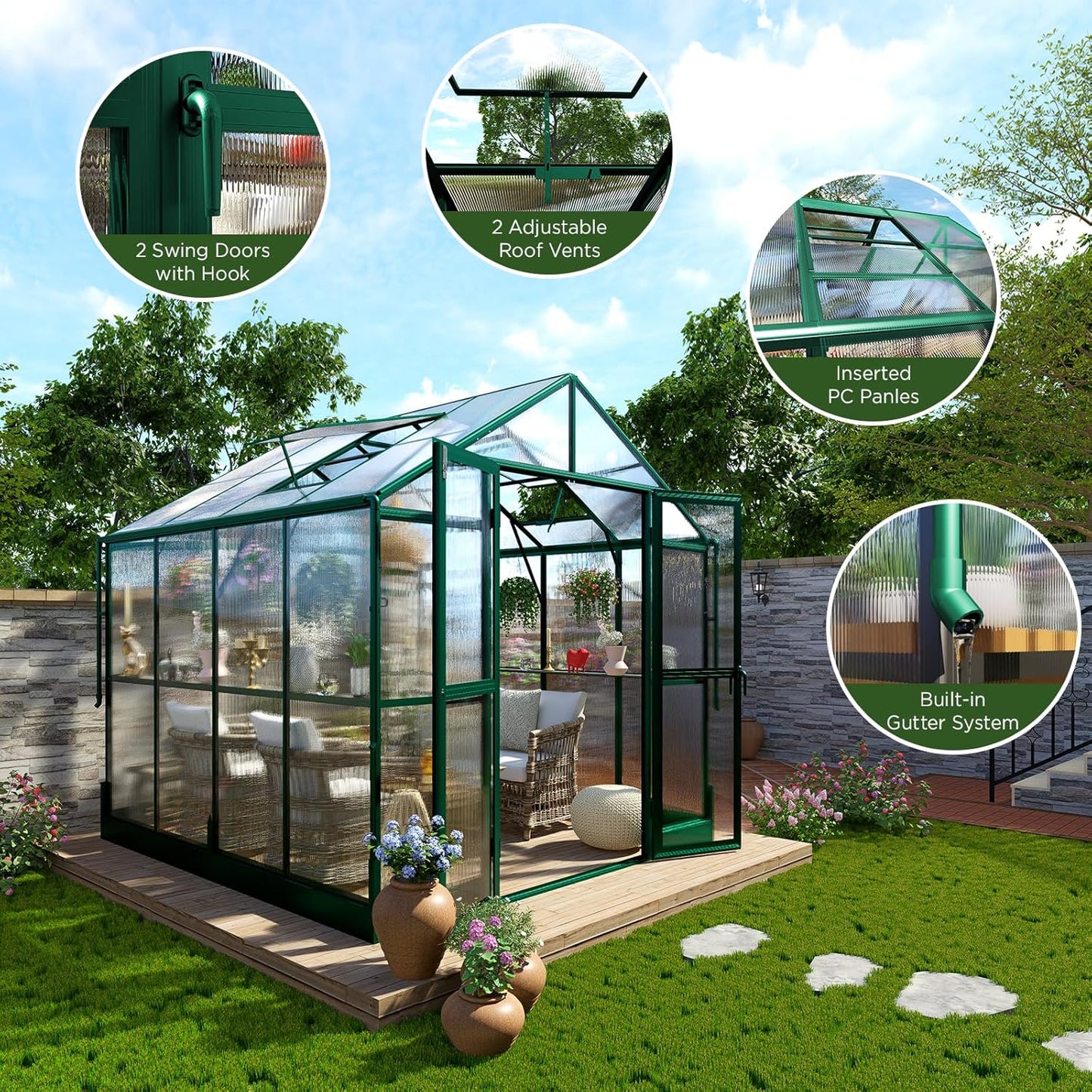 HOWE 8x8x7.5 FT Aluminum Greenhouses for Outdoors,Polycarbonate Greenhouse with 2 Vents Lockable Swing Door Rain Gutter,Walk-in Greenhouse for Backyard Plants,Green