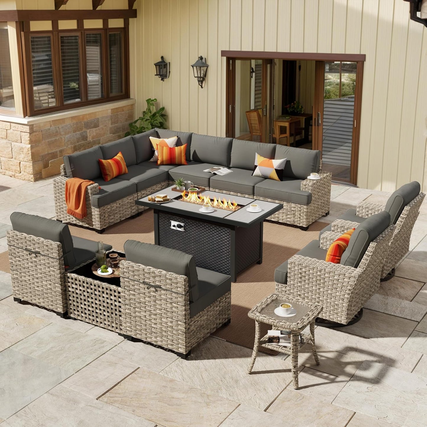 HOOOWOOO Outdoor Sectional Patio Furniture Set with Fire Pit Table,13 Pieces Wicker Conversation Sets L Shaped Couch,Extra Deep Out Door Sofa Outside Furniture with Swivel Chairs,Black