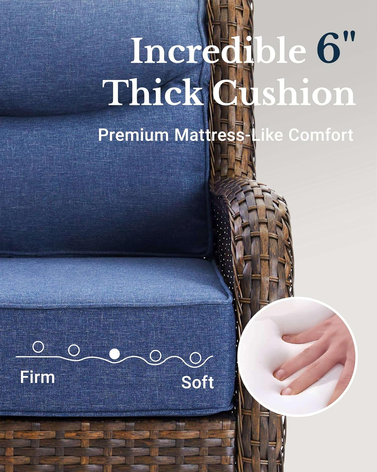 HILLGA Luxury Patio Furniture Set with 6-Inch Thick Cushions, High Back Outdoor Swivel Rocker Chairs and Table, 6-Piece All Weather Conversation Set for Porch Deck Balcony Yard, Blue (V3)