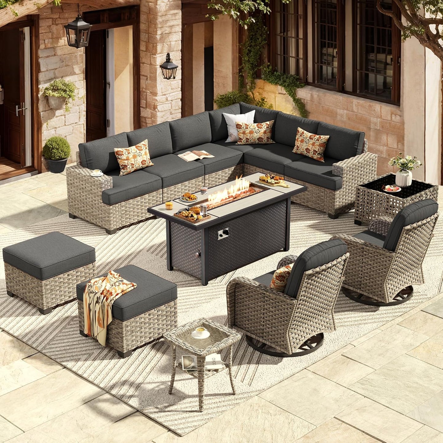 HOOOWOOO Outdoor Sectional Patio Furniture Set with Fire Pit Table,13 Pieces Wicker Conversation Sets L Shaped Couch,Extra Deep Out Door Sofa Outside Furniture with Swivel Chairs Ottomans,Black