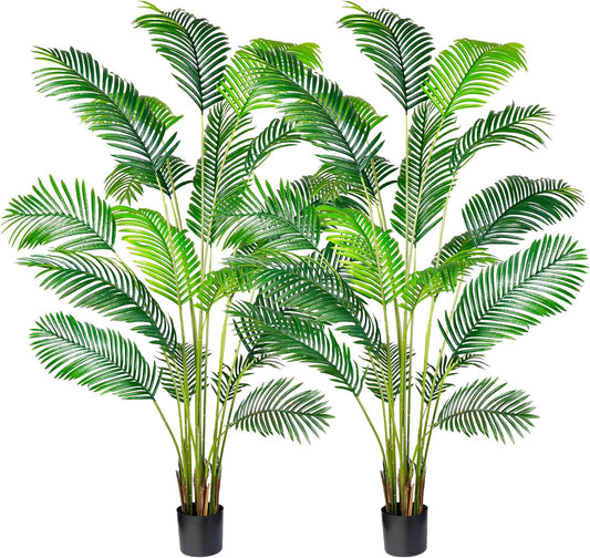 KOL 7ft 2-Pack Artificial Areca Palm Plant in Pot, Fake Tropical Cane Palm Silk Tree Indoor Outdoor, Dypsis Lutescens Plants, 82.7in Lifelike Faux Silk Plant Home Garden Decoration, Housewarming Gift