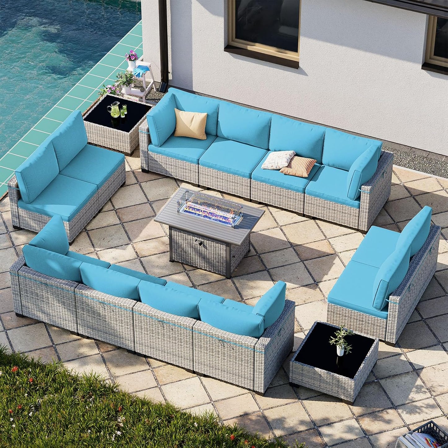 15-Piece Patio Furniture Set, Outdoor Patio Furniture with 55,000 BTU Fire Pit Table, Thick Cushions, Modular Patio Sofa, Dual-Strand Wicker Rattan, Rust-Resistant Frame, Lake Blue