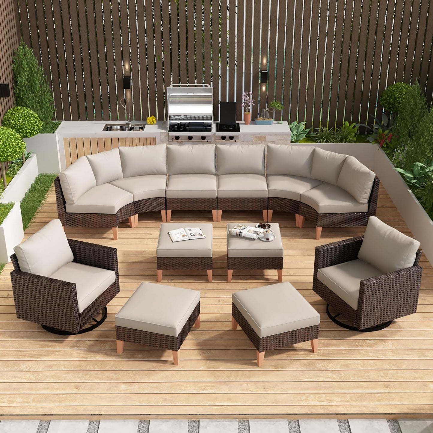 HUMMUH 12 Pieces Patio Furniture Set,Outdoor Half-Moon Sectional Couches Swivel Patio Chairs with Ottomans,All Weather PE Wicker Patio Conversation Sets for Garden Porch Backyard