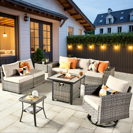 ovios 9 Pieces Patio Furniture Set, Outdoor Wicker Sectional Sofa with 30" Fire Pit Table Swivel Chair, Modern Modular Deep Seat Rattan Couch Conversation Sets, Beige