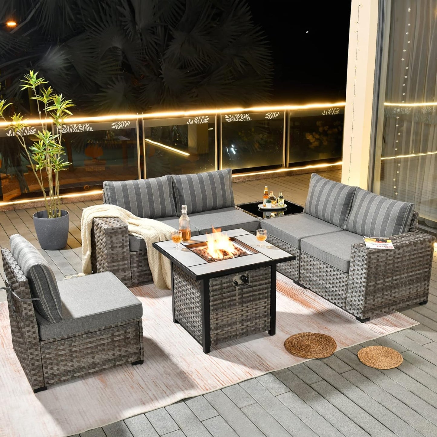 HOOOWOOO Modular Patio Outdoor Sectional Furniture Set with Gas Propane Fire Pit Table,7 Piece Wicker Conversation Sofa Set,Out Door Couch Set with Wide Arm Outside(Grey Stripes)