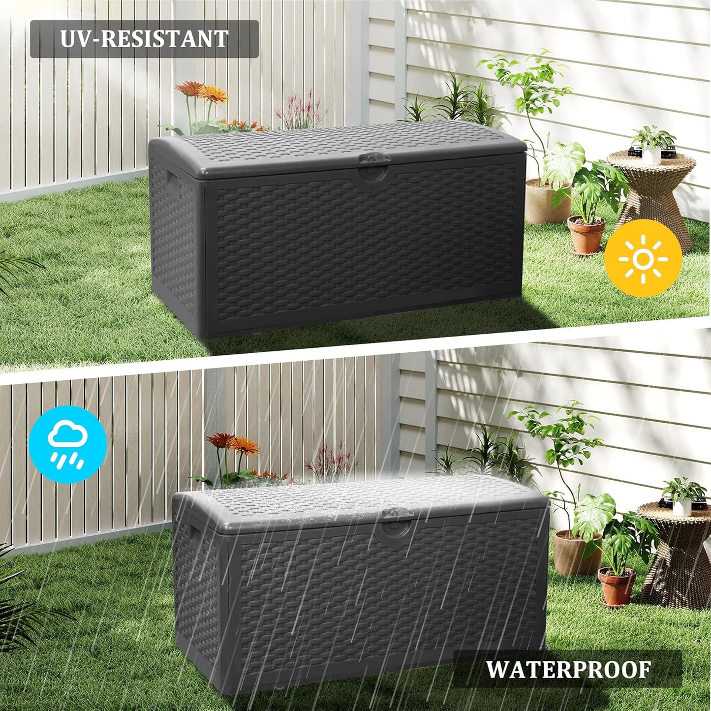 80 Gallon Plus Outdoor Storage Box Waterproof Lockable Resin Deck Box Large, Patio Storage Bin for Pool Accessories Cushion Furniture, Garden Tools, UV-Resistant Outside Delivery Black