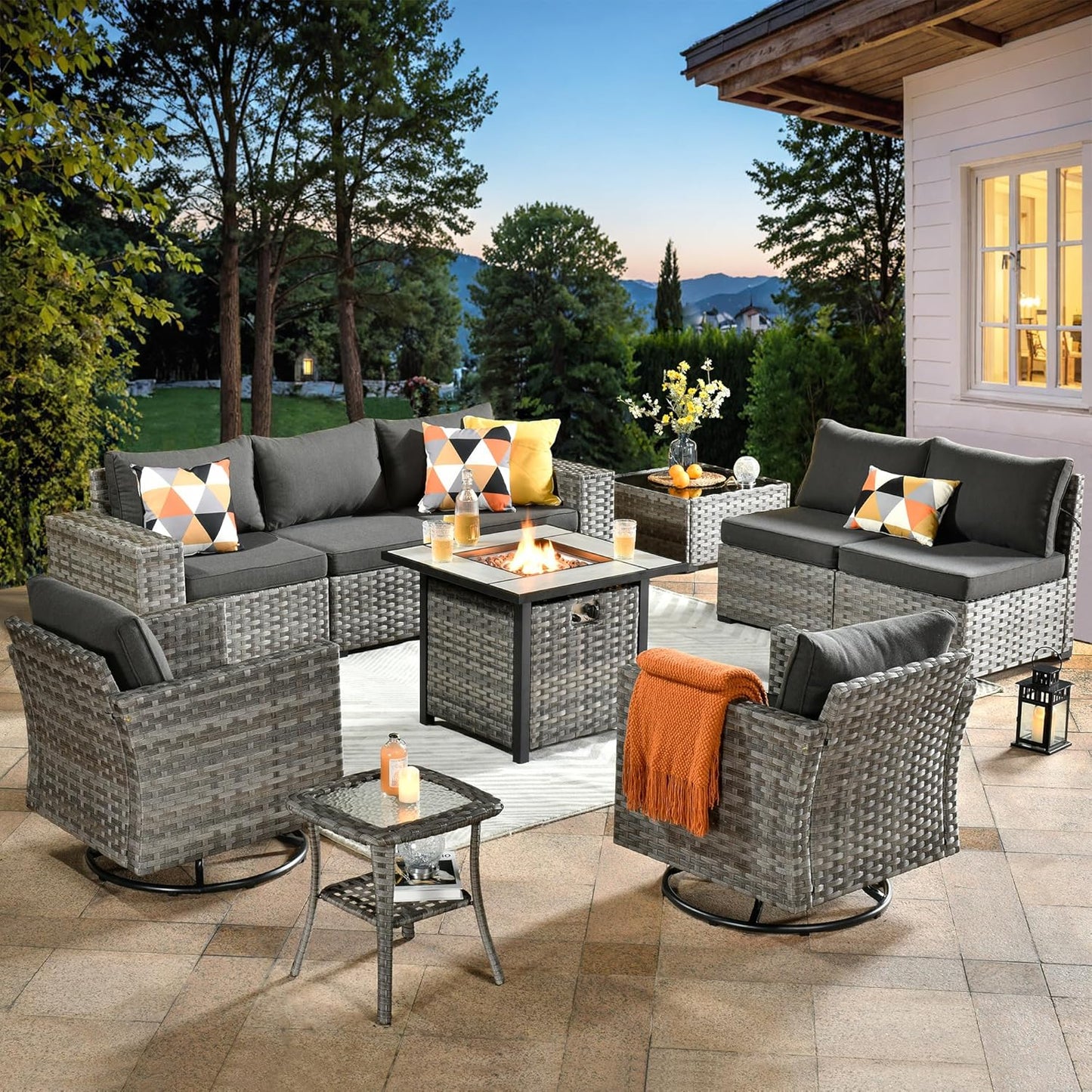 ovios 10 Pieces Patio Furniture Set, Outdoor Wicker Sectional Sofa with 30" Fire Pit Table Swivel Chairs, Modern Modular Deep Seat Rattan Couch Conversation Sets, Black