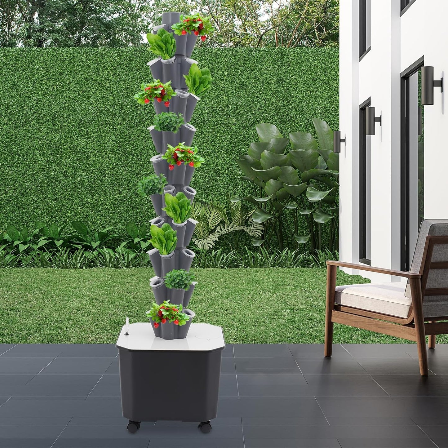 Eapmic Hydroponics Growing System Tower Garden, 10-Tier 50-Hole Vertical Planter with 45L Water Tank & Auto Watering, Indoor/Outdoor Hydroponic Garden Kit w/Wheels (Grey)
