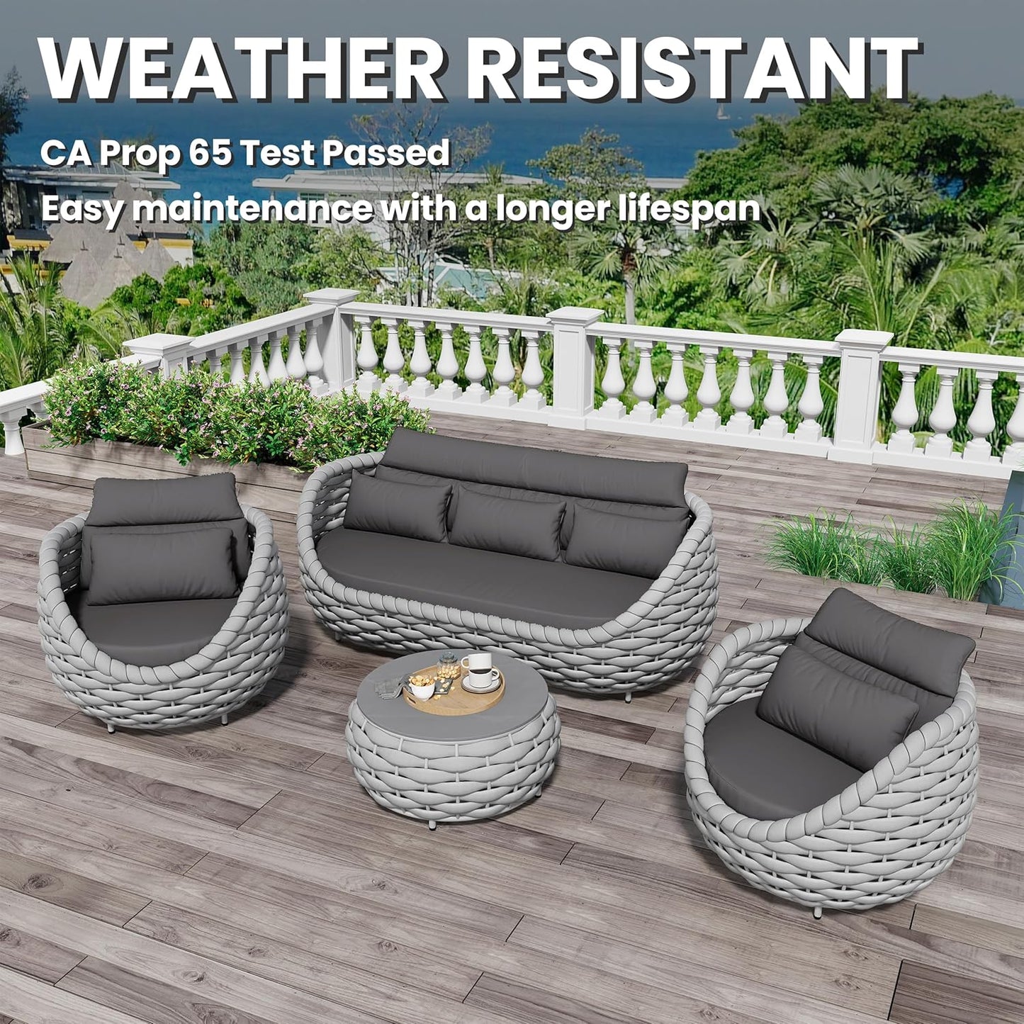 Woven Rope Patio Furniture Set: 4 Pieces Aluminum Outdoor Conversation Sofa Set Assembled - Modern Couch Set Cushioned - All Weather Metal Porch Seating for 5 Person Deck Garden Hotel Resort