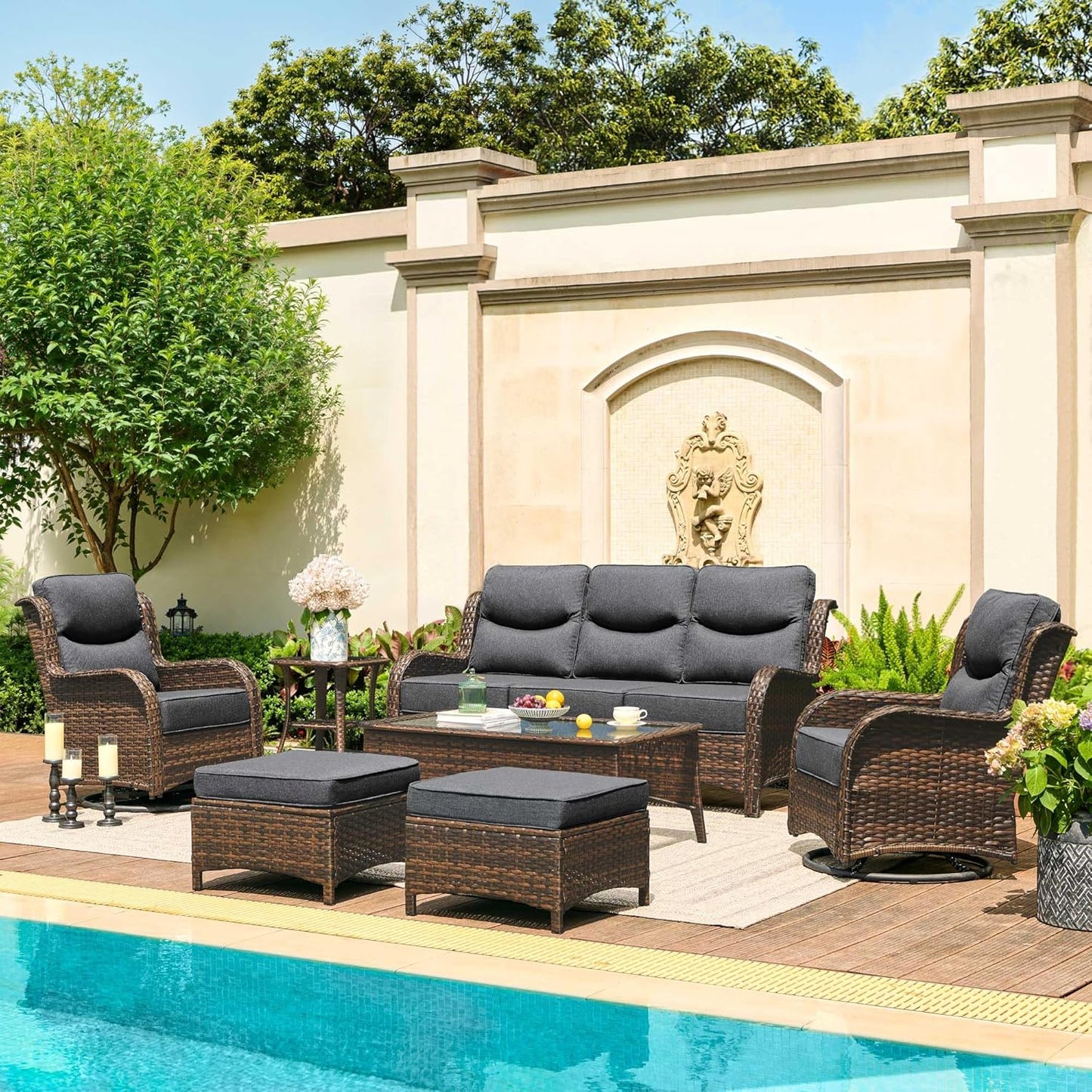 HILLGA Luxury Patio Furniture Set with 6-Inch Thick Cushions, High Back Outdoor Swivel Rocker Chairs and Patio Couch, 7-Piece All Weather Conversation Set for Porch Deck Pool Yard, Dark Grey (V3)