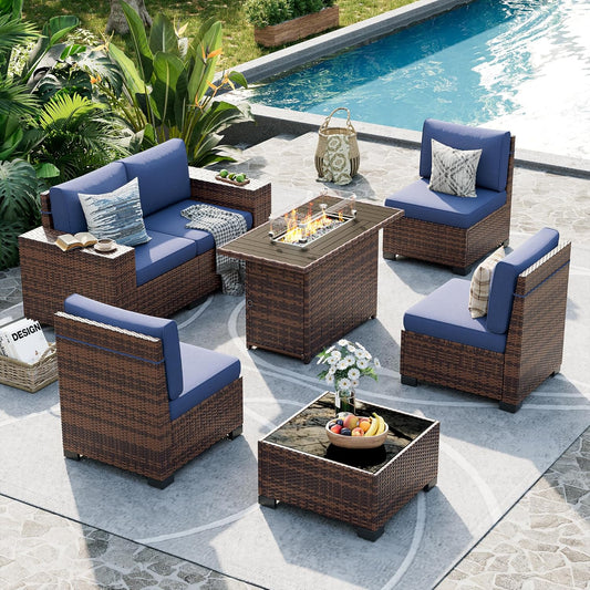 UDPATIO Patio Furniture Set with Fire Pit Table, 8 Inch Armrest Outdoor Sectional Sofa, 7 Piece Wicker Outdoor Furniture Conversation Sets with Waterproof Cover for Backyard Deck(Brown/Navy Blue)