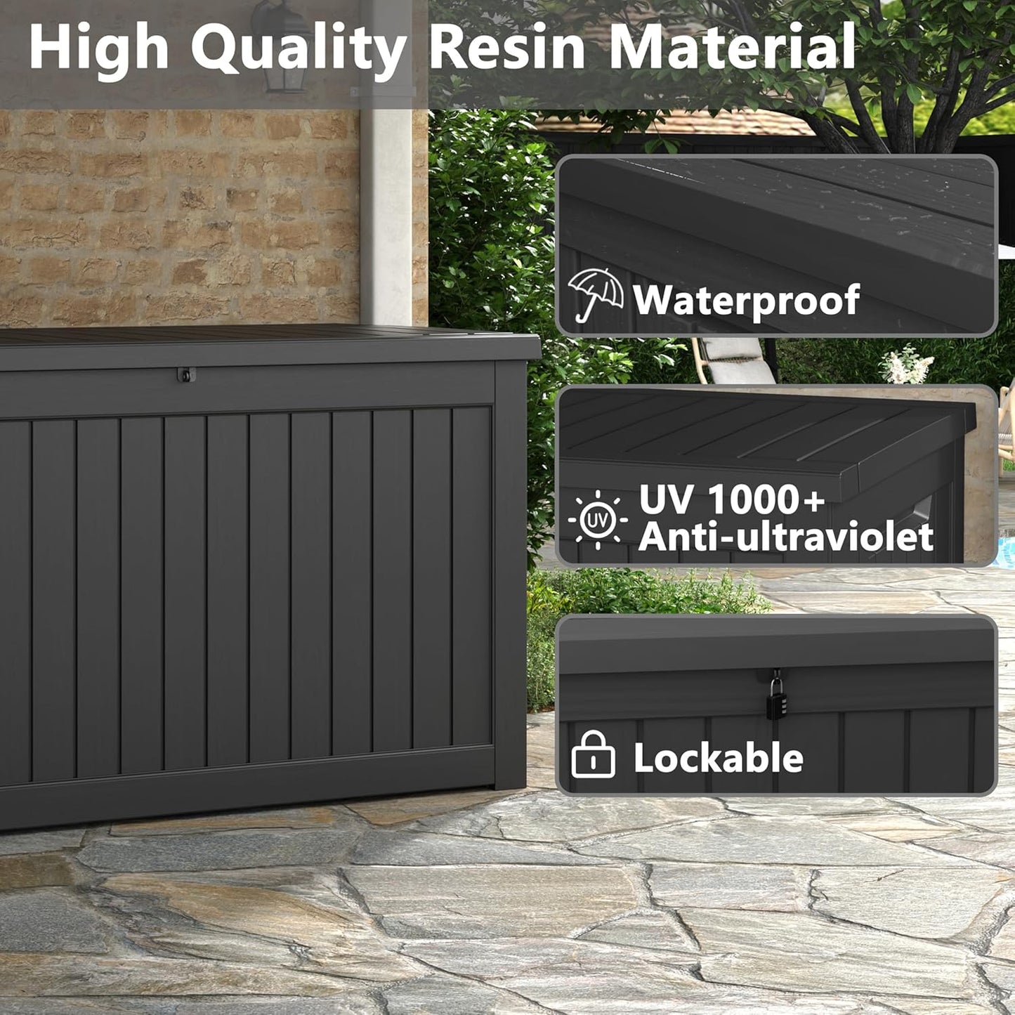 KAMABOKO 230 Gallon Outdoor Storage Box, Resin Deck Boxes Indoor and outdoor, Waterproof Storage Box Lockable Lid for Garden Tools, Package Delivery, Patio Cushions, Black