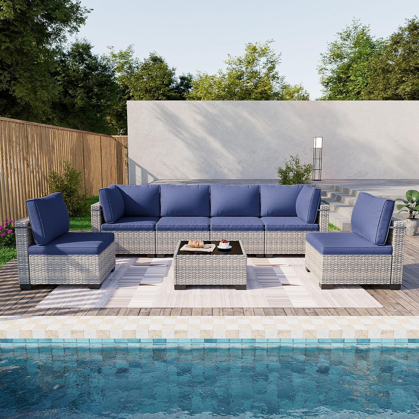 7-Piece Patio Furniture Set, Outdoor Sectional with Thick Cushions, Modular Patio Sofa, Dual-Strand Wicker Rattan, Rust-Resistant Frame, Backyard Furniture for Garden, Deck, Navy Blue