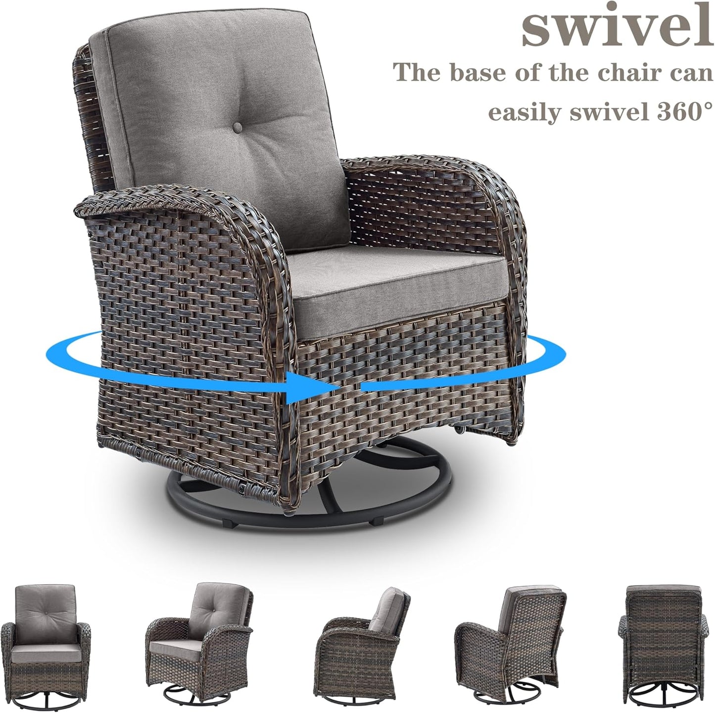 6 Piece Patio Conversation Sets - Wicker Patio Furniture Sets with Outdoor Swivel Rocker Chairs, Glider Loveseat Perfect for Patio Deck Backyard, Brown Wicker Grey Cushion