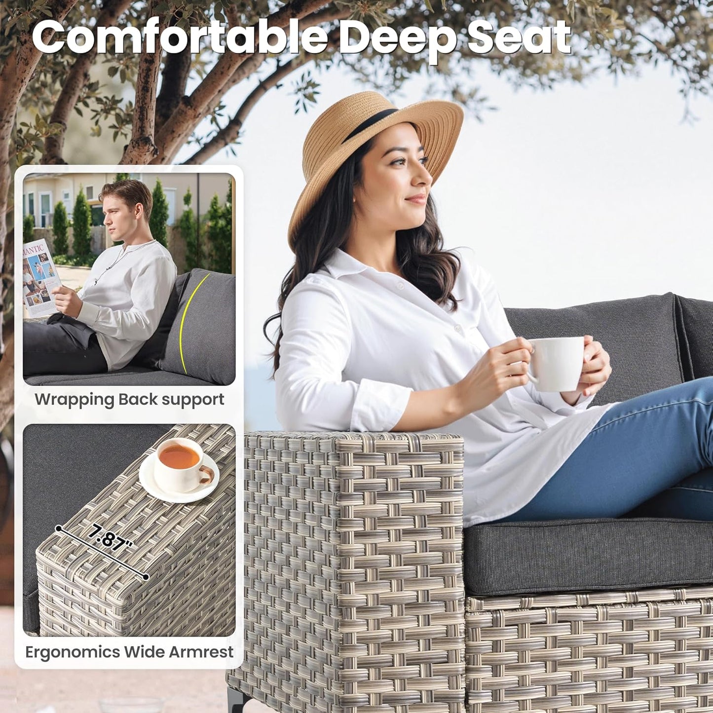 ovios 5 Pieces Patio Furniture Set Outdoor Sectional Sofa Couch with Deep Seat Chaise Comfy Cushions, Modern Modular Wicker Rattan Conversation Set Porch Deck Garden, Black