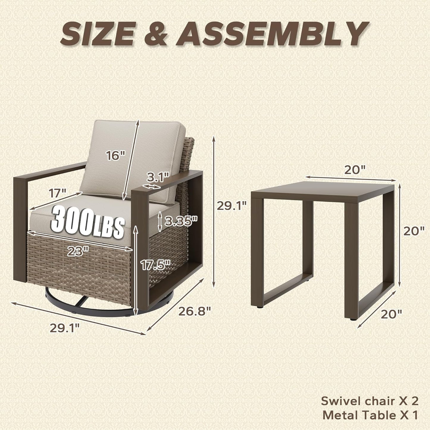 Outdoor Swivel Rocker Metal Chairs Set of 2 with Small Coffee Table - 3 Pieces Patio Bistro Set with Rectangular Framed Wood-Looking Metal Armrest, 360 Degree Glider Chairs, Beige