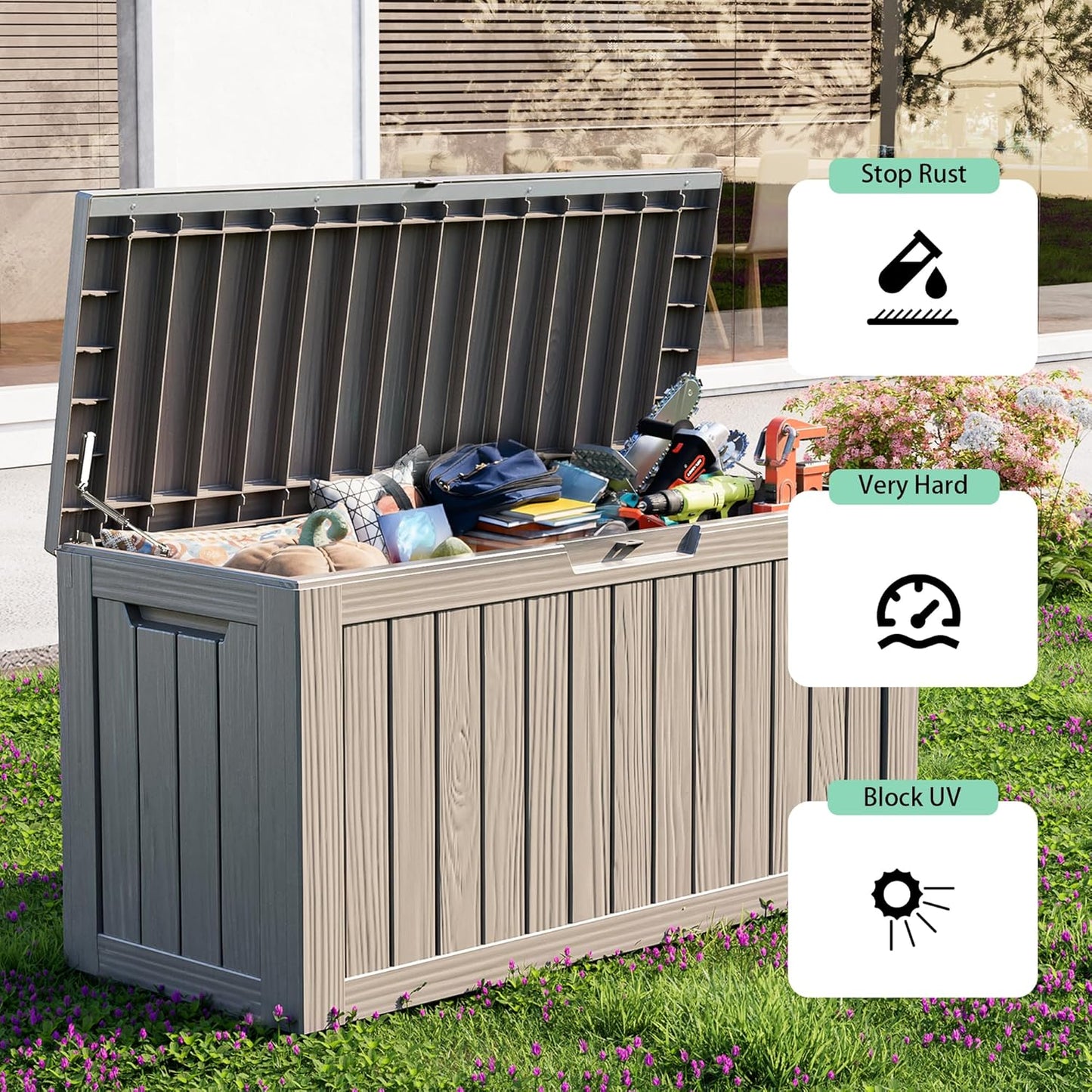 86 Gallon Outdoor Deck Box,Storage Lockable Waterproof Patio Furniture,Garden Tools,Cushions,Pool Accessories Outside Storage Resin Box(Grey)