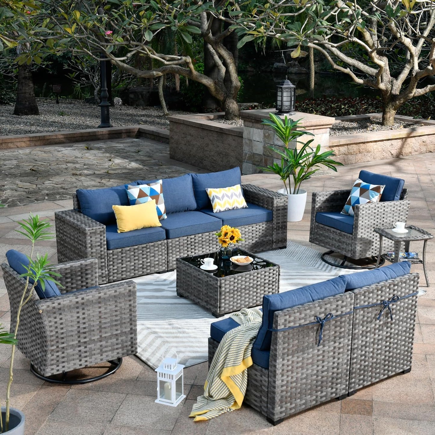 HOOOWOOO 9 Piece Modular Patio Outdoor Sectional Furniture Set with Swivel Rocking Chairs,Wicker Conversation Sofa Set,Outside Couch Set with Wide Arm(Denim Blue)
