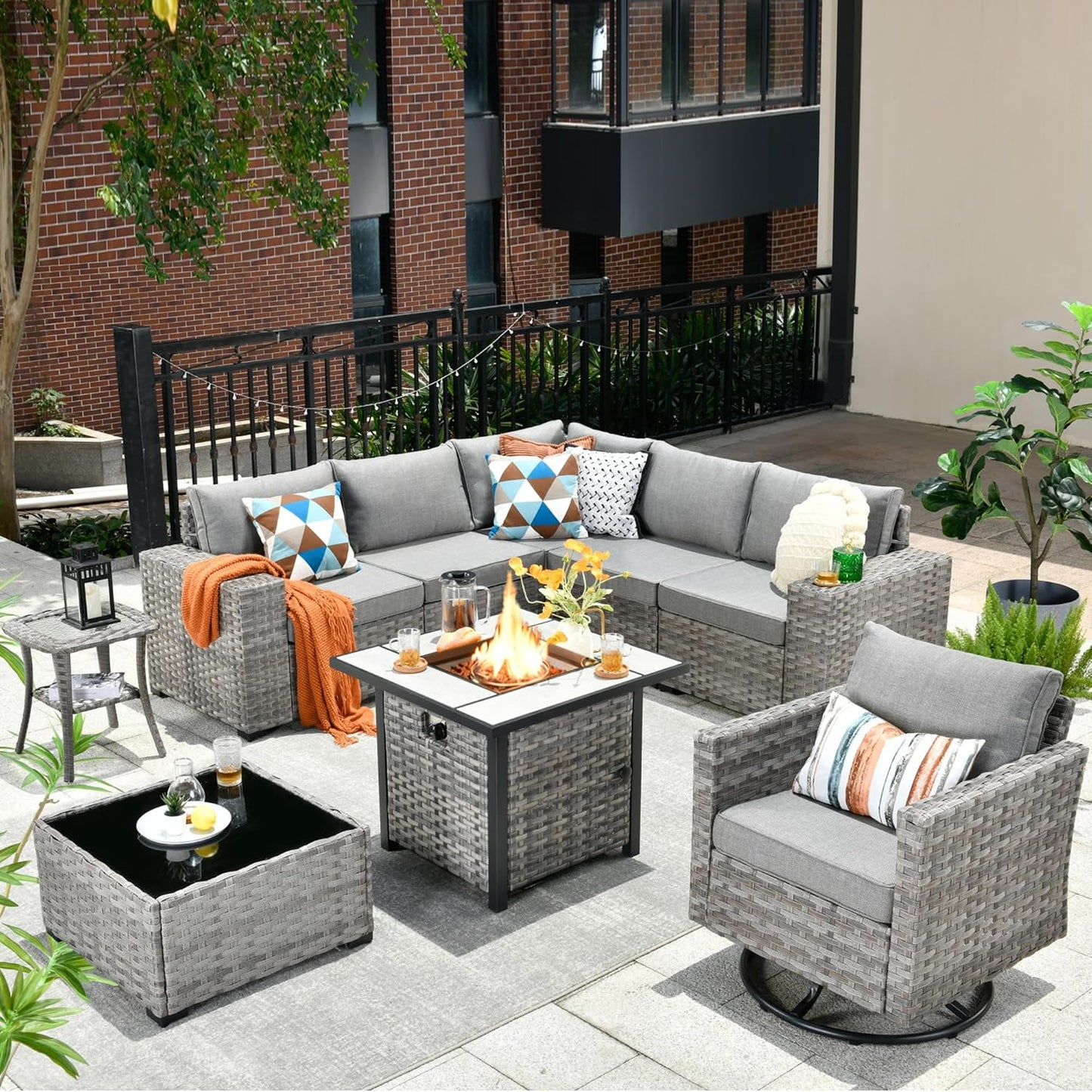 HOOOWOOO 9 Piece Modular Patio Outdoor Sectional Furniture Set with Gas Propane Fire Pit Table,Wicker Conversation Sofa Set with Swivel Chairs,Outside Couch Set(Dark Grey)