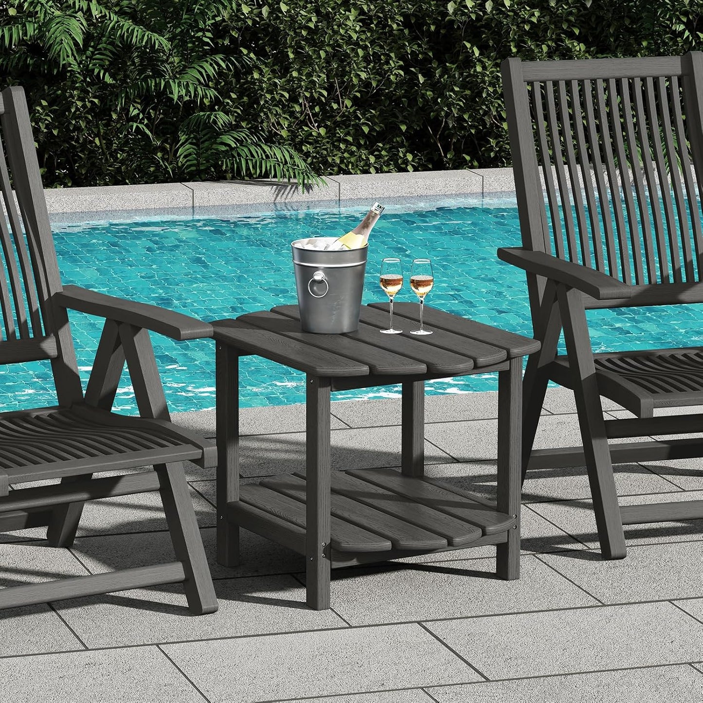 Small Outdoor Side Tables Modern 2-Tier Adirondack Table Rustic End Table HDPE Storage Shelf Industrial Corner Rectangle Coffee Table for Patio Garden Balcony Backyard Pool Farmhouse Home Grey