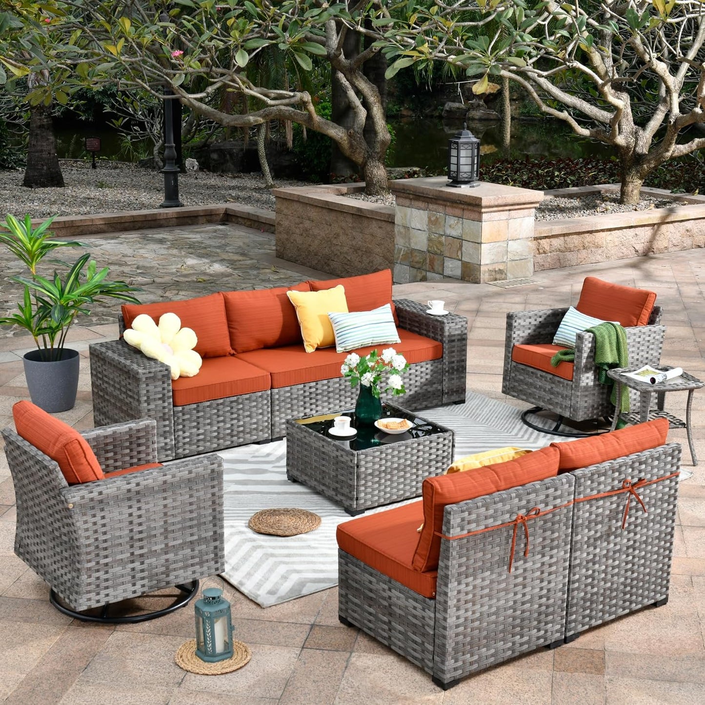 HOOOWOOO 9 Piece Modular Patio Outdoor Sectional Furniture Set with Swivel Rocking Chairs,Wicker Conversation Sofa Set,Outside Couch Set with Wide Arm(Orange Red)