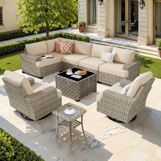 HOOOWOOO Outdoor Sectional Patio Furniture Set,9 Pieces Wicker Conversation Sets L Shaped Couch,Extra Deep Out Door Sofa Outside Furniture with Swivel Chairs,Beige