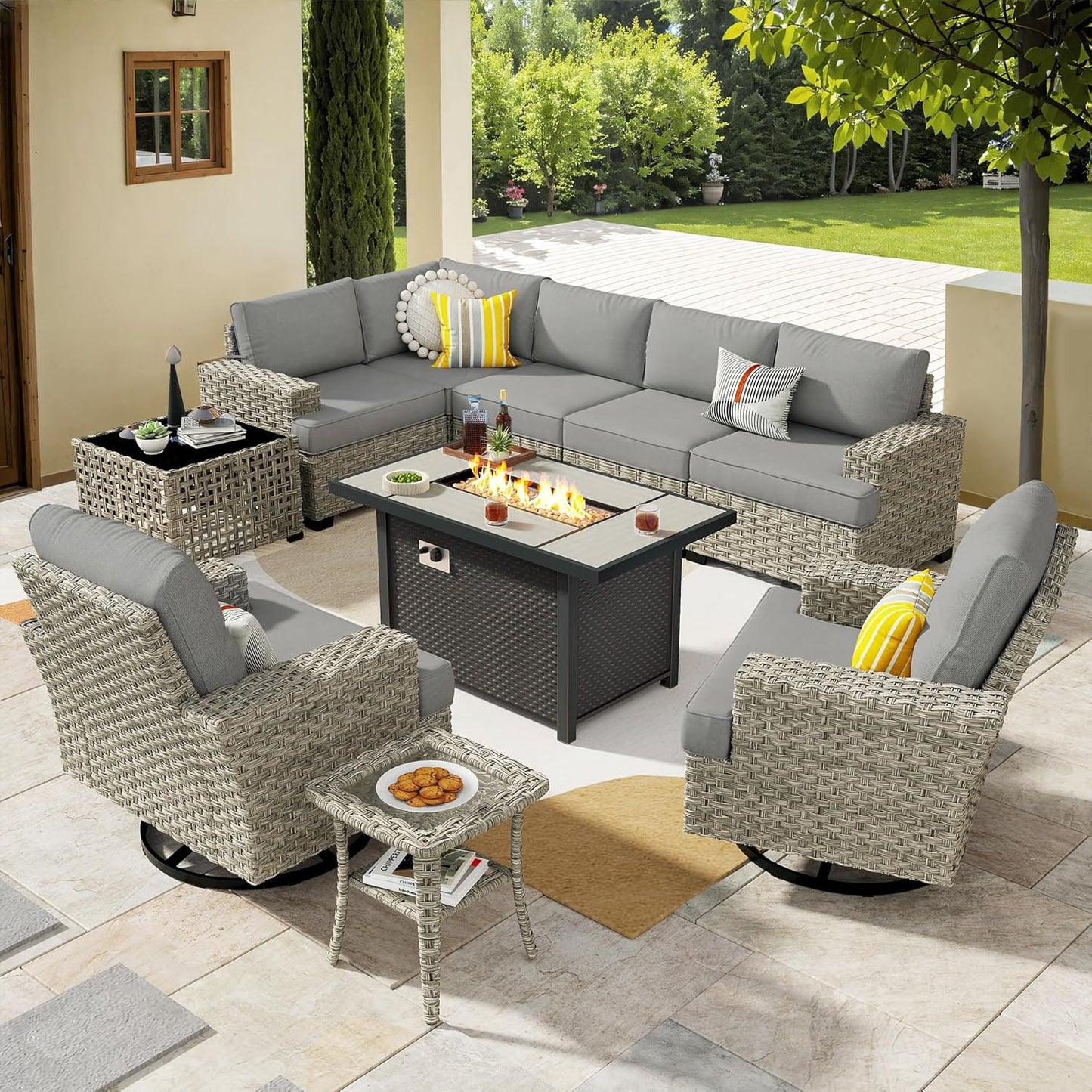HOOOWOOO Outdoor Sectional Patio Furniture Set with Fire Pit Table,10 Pieces Wicker Conversation Sets L Shaped Couch,Extra Deep Out Door Sofa Outside Furniture with Swivel Chairs,Charcoal Gray