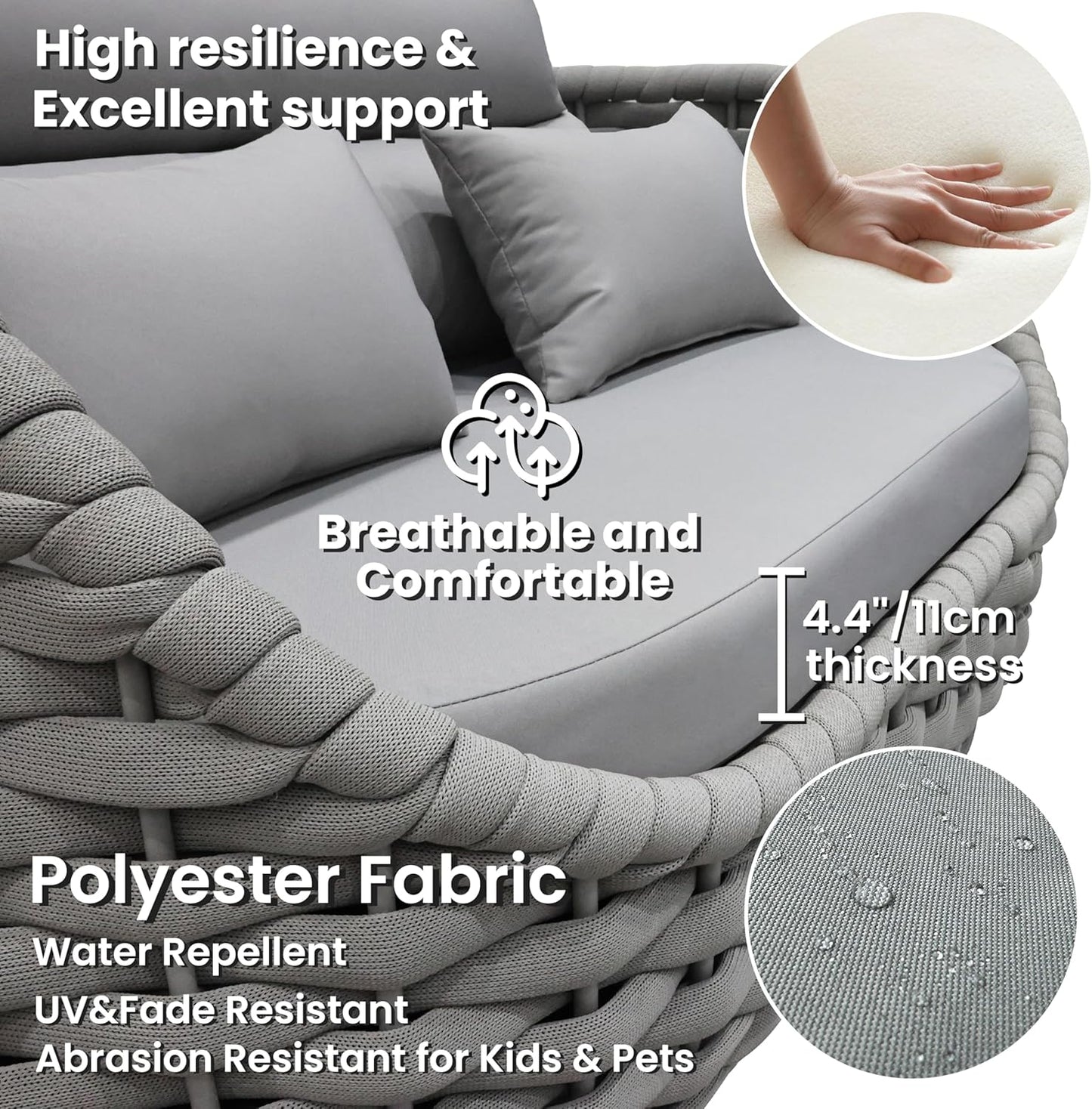 Rope Outdoor Patio Furniture Set: 6 Pieces Aluminum Porch Conversation Sofa Set - Modern Hand Woven Deck Couch Set Cushioned - No Assembly All Weather for 660lbs Yard Garden Lanai Hotel, Gray