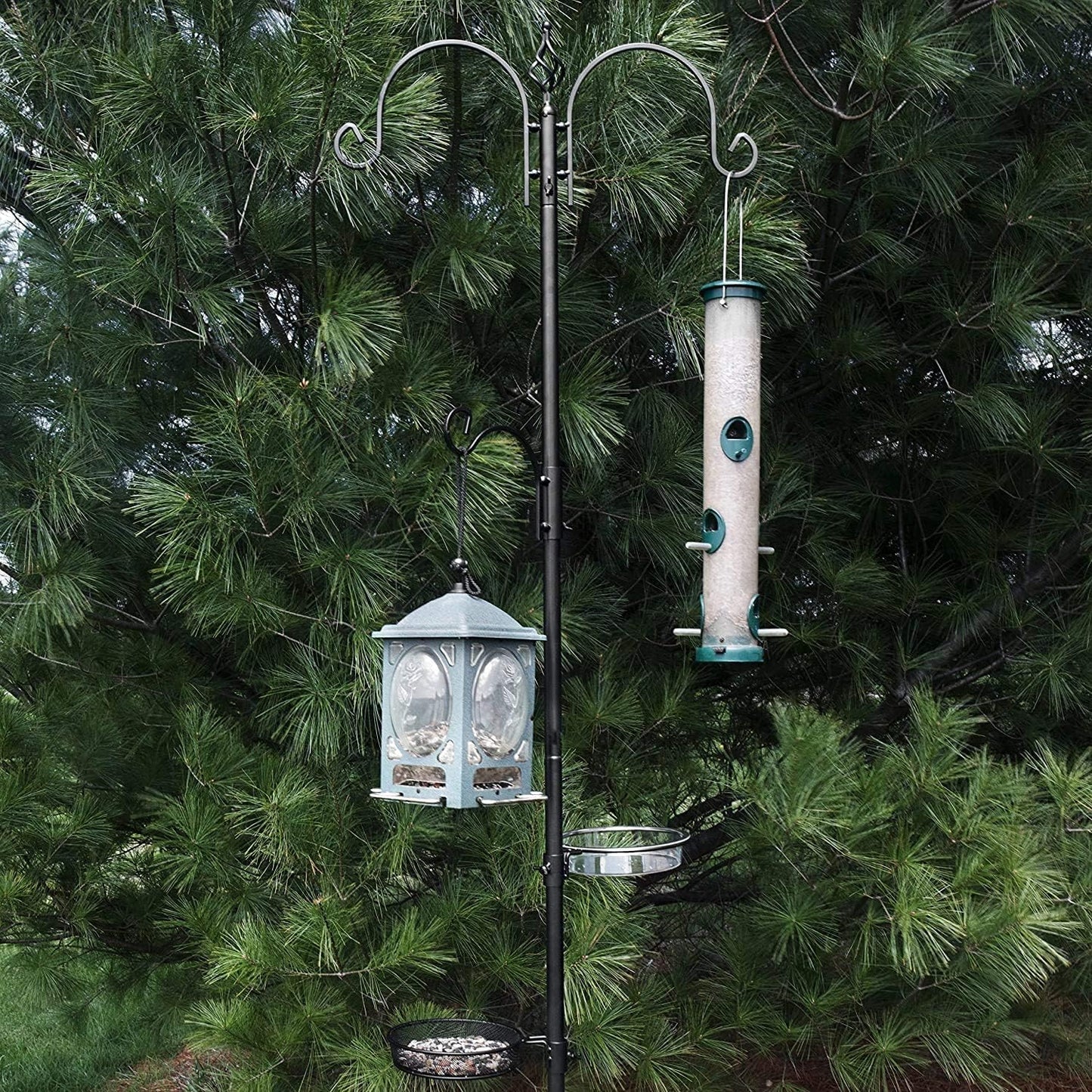 Ashman Deluxe Bird Feeding Station (4 Pack) Bird Feeders for Outside - Multi Feeder Pole Stand Kit with 4 Hangers, Bird Bath and 3 Prong Base for Attracting Wild Birds - 22 Inch Wide x 92 Inch Tall.