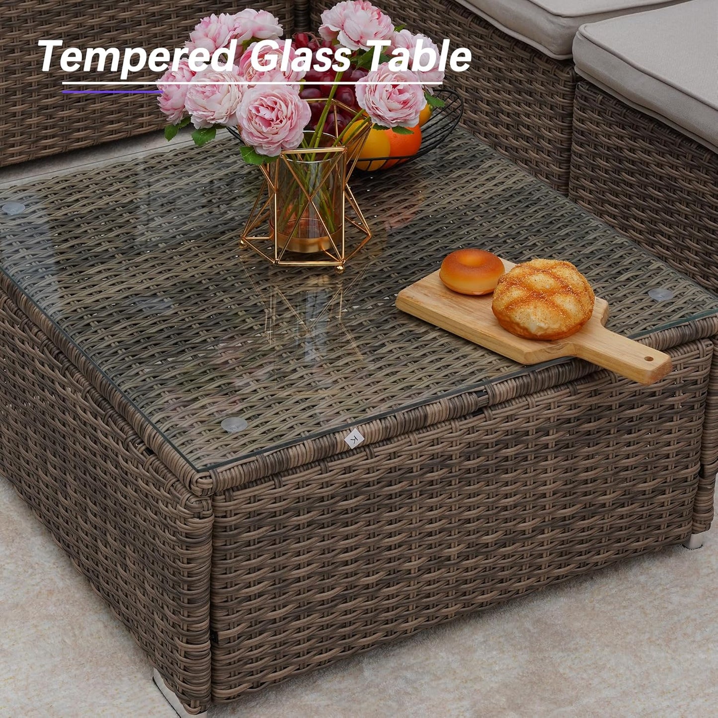 7 Piece Patio Furniture Set, Outdoor Couch Set—All-Weather Outdoor Furniture Sectional w Water Resistant Thick Cushions, Patio Sofa Set w 2 Extra Pillows and Coffee Table, Beige/Brown