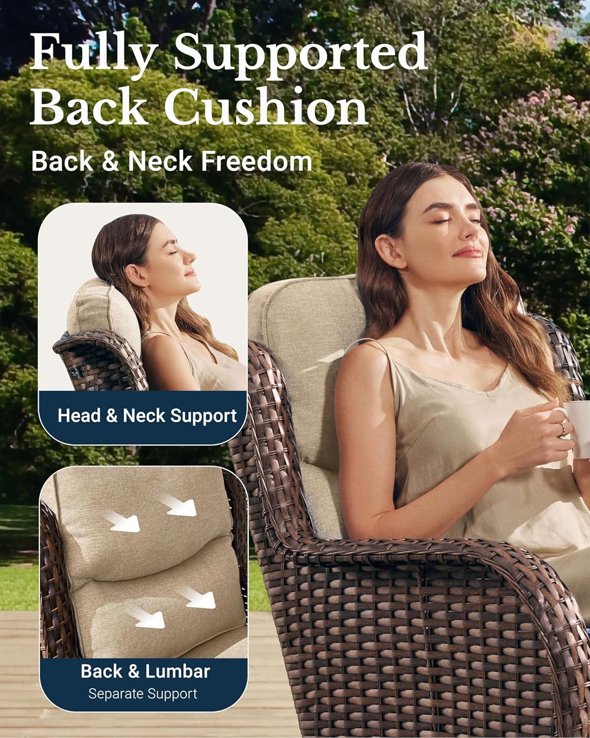 HILLGA Luxury Patio Furniture Set with 6-Inch Thick Cushions, High Back Outdoor Swivel Rocker Chairs Patio Loveseat and Couch, 6-Piece All Weather Conversation Set for Porch Deck Pool Yard, Beige (V3)