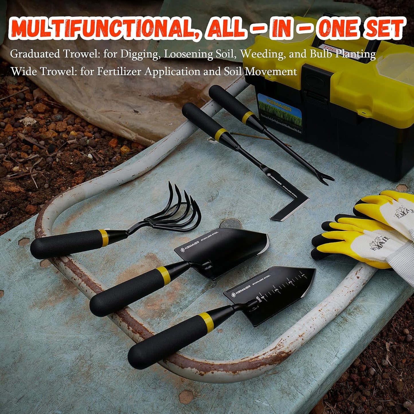 6-Piece Garden Tool Set with Storage Box, Heavy Duty Stainless Steel Gardening Hand Tools for Planting Weeding Digging, Includes Trowel, Shovel, Cultivator, Weeder, Pruner and More