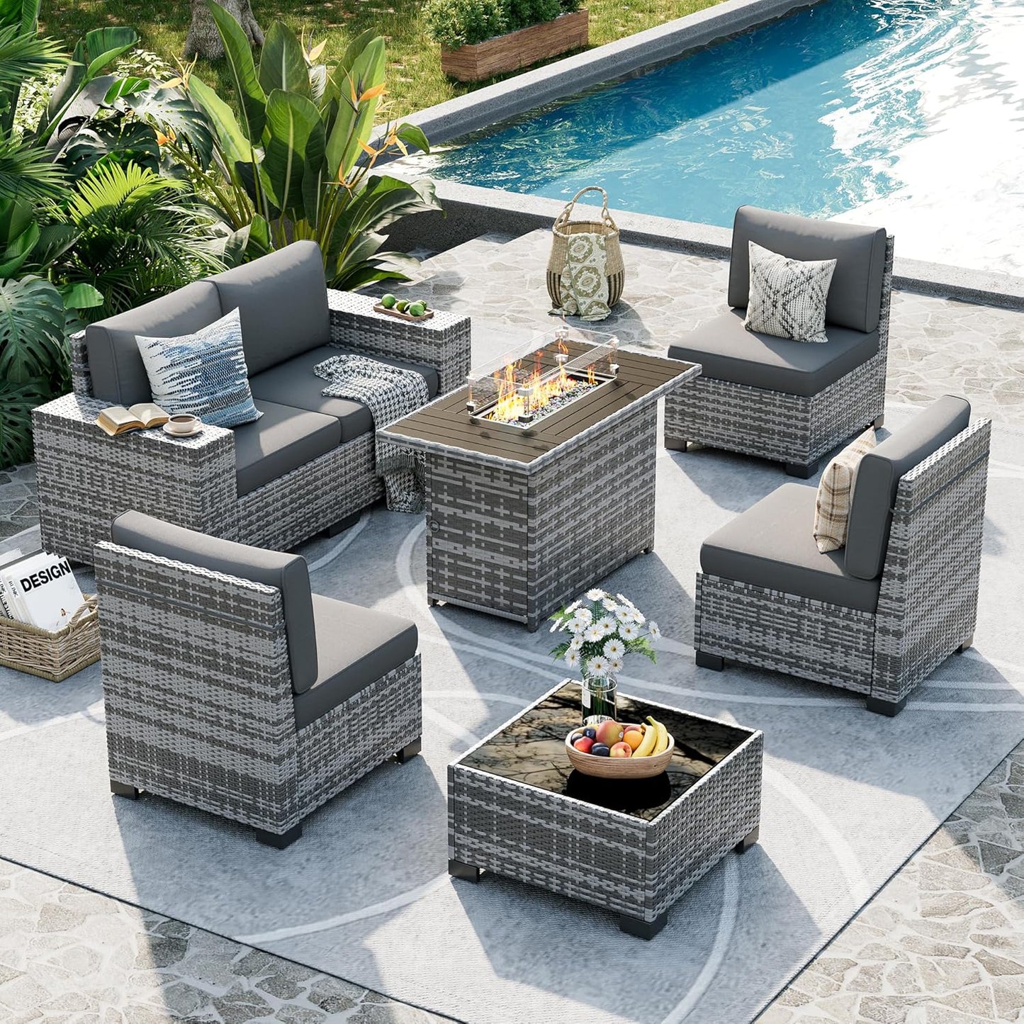 UDPATIO Patio Furniture Set with Fire Pit Table, 8 Inch Armrest Outdoor Sectional Sofa, 7 Piece Wicker Outdoor Furniture Conversation Sets with Waterproof Cover for Backyard Deck(Grey/Dark Grey)