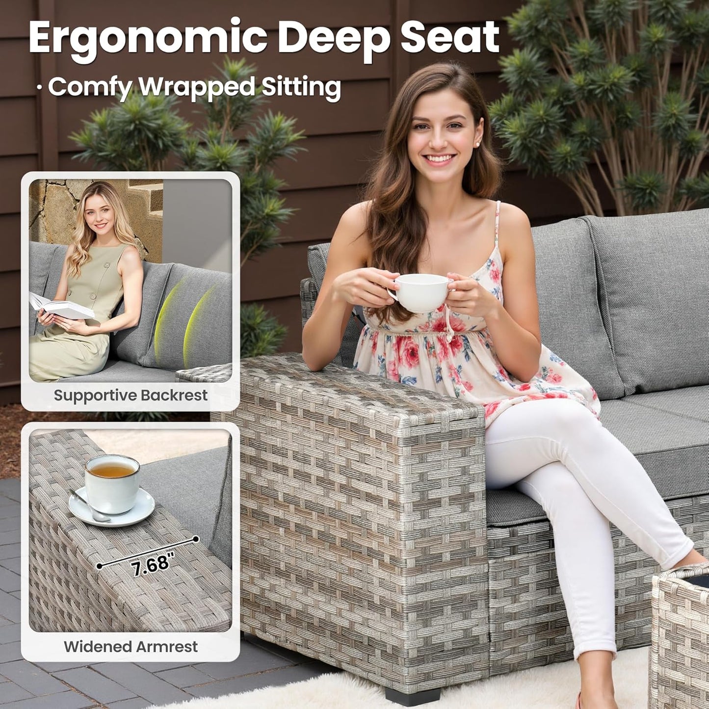 ovios 9 Pieces Patio Furniture Set, Outdoor Wicker Sectional Sofa with 42" Fire Pit Table Swivel Chair, Modern Modular Deep Seat Rattan Couch Conversation Sets, Dark Grey