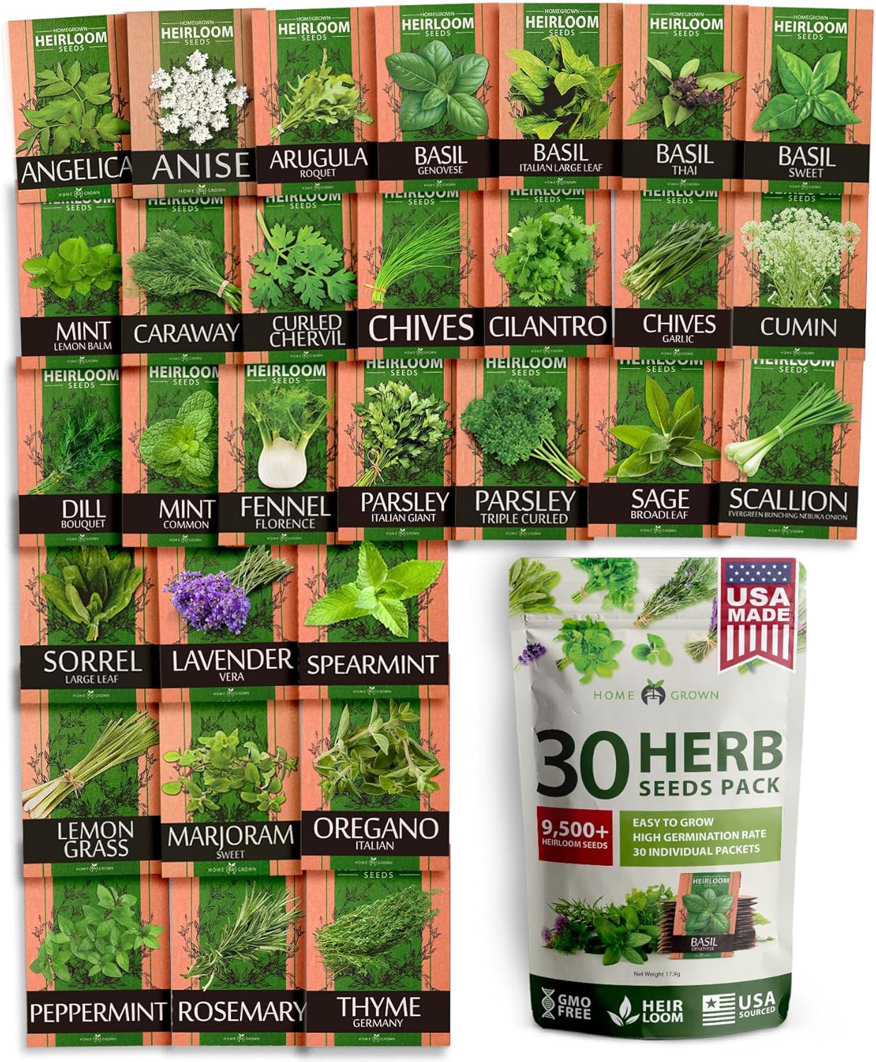 HOME GROWN 30 Herb Seeds for Planting 9,500+ Non-GMO Heirloom Seeds | Extra Large Variety Pack Herb Kit – Indoor Outdoor & Hydroponic | Culinary Seed Set | Grow Your Own Herbs | Gardening Gift