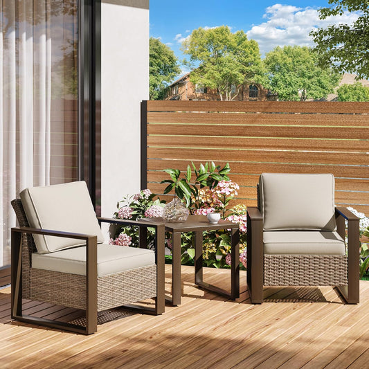 Outdoor Wicker Metal Chairs Set of 2 with Matching Side Table - 3 Pieces Patio Bistro Set with Removable Olefin Fabric Cushions & Rectangular Framed Wood-Looking Metal Armrest, Beige