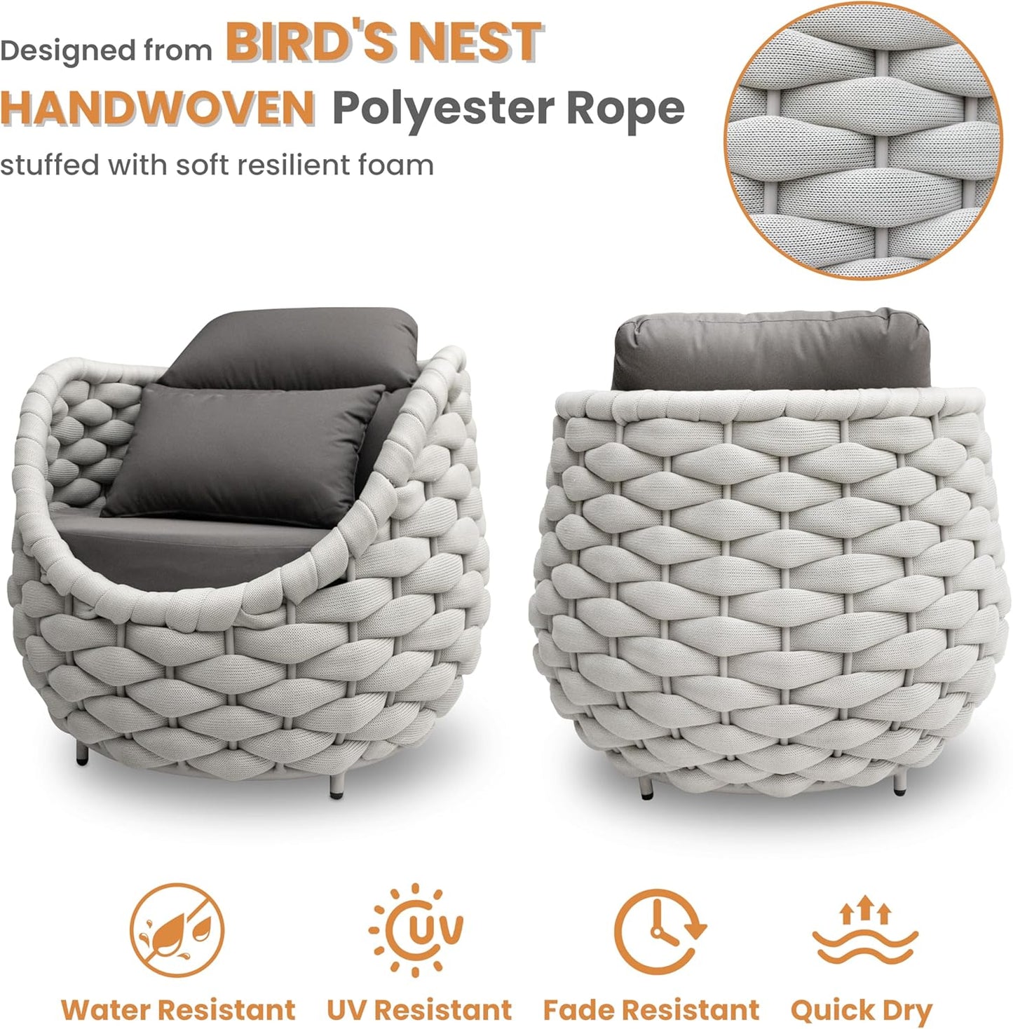 Front Porch Furniture Set 3 Piece: Aluminum Woven Rope Patio Conversation Sofa Set for 2 - Assembled Outdoor Deck Couch Armchair Set Cushions - for 400lb Balcony Pool Yard Bistro Hotel - Gray