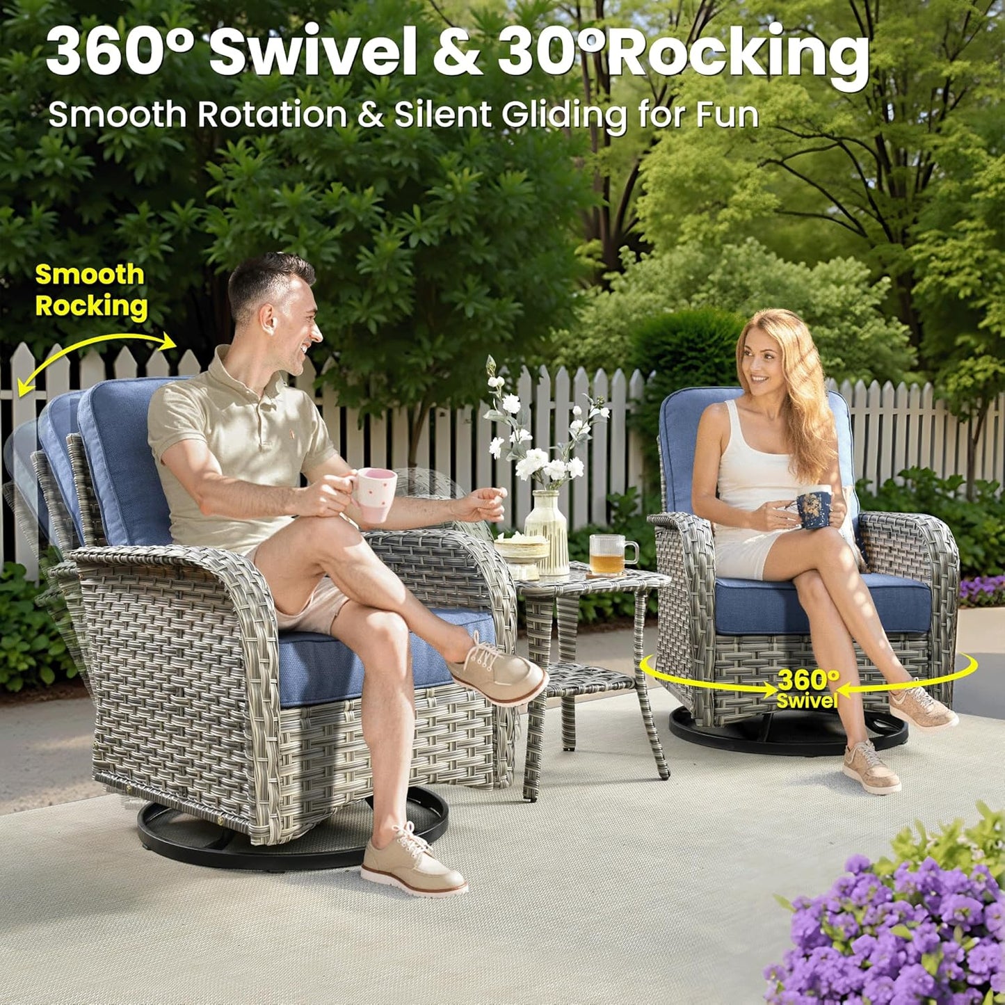 ovios 9 Pieces Patio Furniture Set Outdoor Sectional Sofa Couch with Fire Pit Table Rocking Swivel Chairs Deep Seat Chaise, Modern Modular Wicker Rattan Conversation Set, Denim Blue