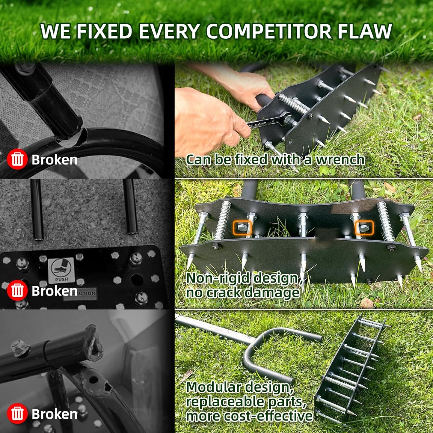 No-Weld Lawn Aerator - Kick to Unclog Jammed Springs! Bolt-On Base is Replaceable, 31"x15" Wide Plate & 11 Deep Tines for Clay Soil, Adjustable T-Handle (Pre-Assembled)