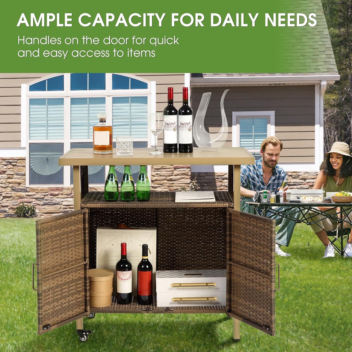 HOMEFUN Outdoor Bar Table with Storage Cabinet Patio Serving Carts on Wheels Wicker Grill Cart Prep Station Rolling Kitchen Island for Outside Backyard and Patio, Brown