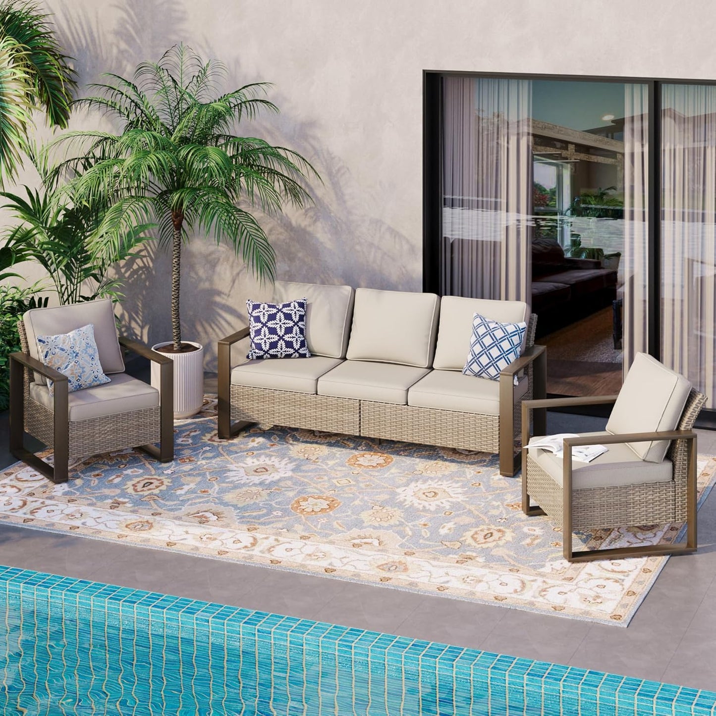 Wicker Patio 75" Sofa Set with Two Armchairs, All Weather Rattan Outdoor Conversation Furniture Set with Wood-Looking Metal Armrest & Removable Cushions for Deck Backyard Porch, Beige