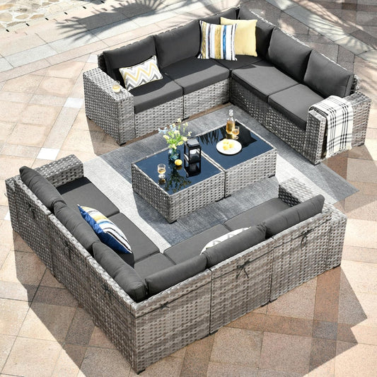 HOOOWOOO 12 Piece Modular Patio Outdoor Sectional Furniture Sofa Set,Wicker Conversation Set,Out Door Couch Set with Wide Arm for Outside All Weather(Black)