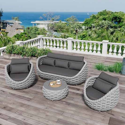Woven Rope Patio Furniture Set: 4 Pieces Aluminum Outdoor Conversation Sofa Set Assembled - Modern Couch Set Cushioned - All Weather Metal Porch Seating for 5 Person Deck Garden Hotel Resort