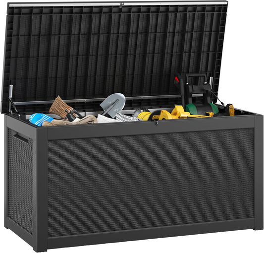 KAMABOKO 260 Gallon Outdoor Storage Box, Resin Deck Boxes Indoor and outdoor, Waterproof Storage Box Lockable Lid for Garden Tools, Package Delivery, Patio Cushions, Black