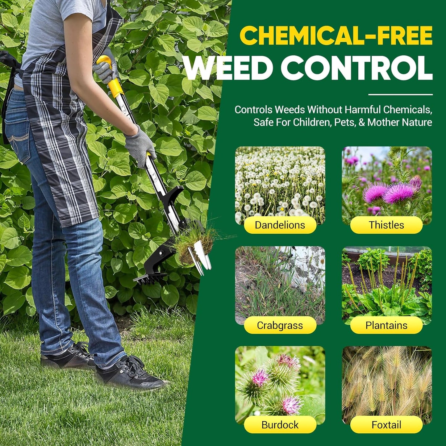 4-Claw Stand Up Weed Puller Tool, Gardening Hand Weeding Tool with 39.3" Long Ergonomic Handle with Easy-Eject Mechanism-Yellow